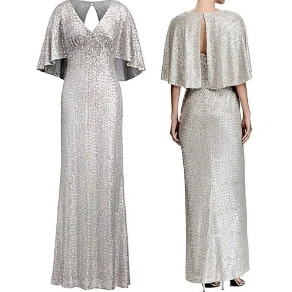 Ralph Lauren Silver Sequined Formal Maxi Dress Cape Effect 10